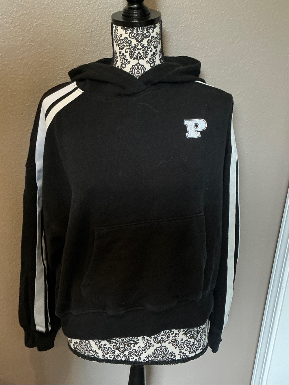 PINK Victoria's Secret Black Pullover Hoodie with White Stripes Size Medium